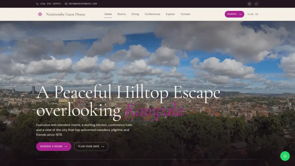 Namirembe Guest House home page with a view over Kampala