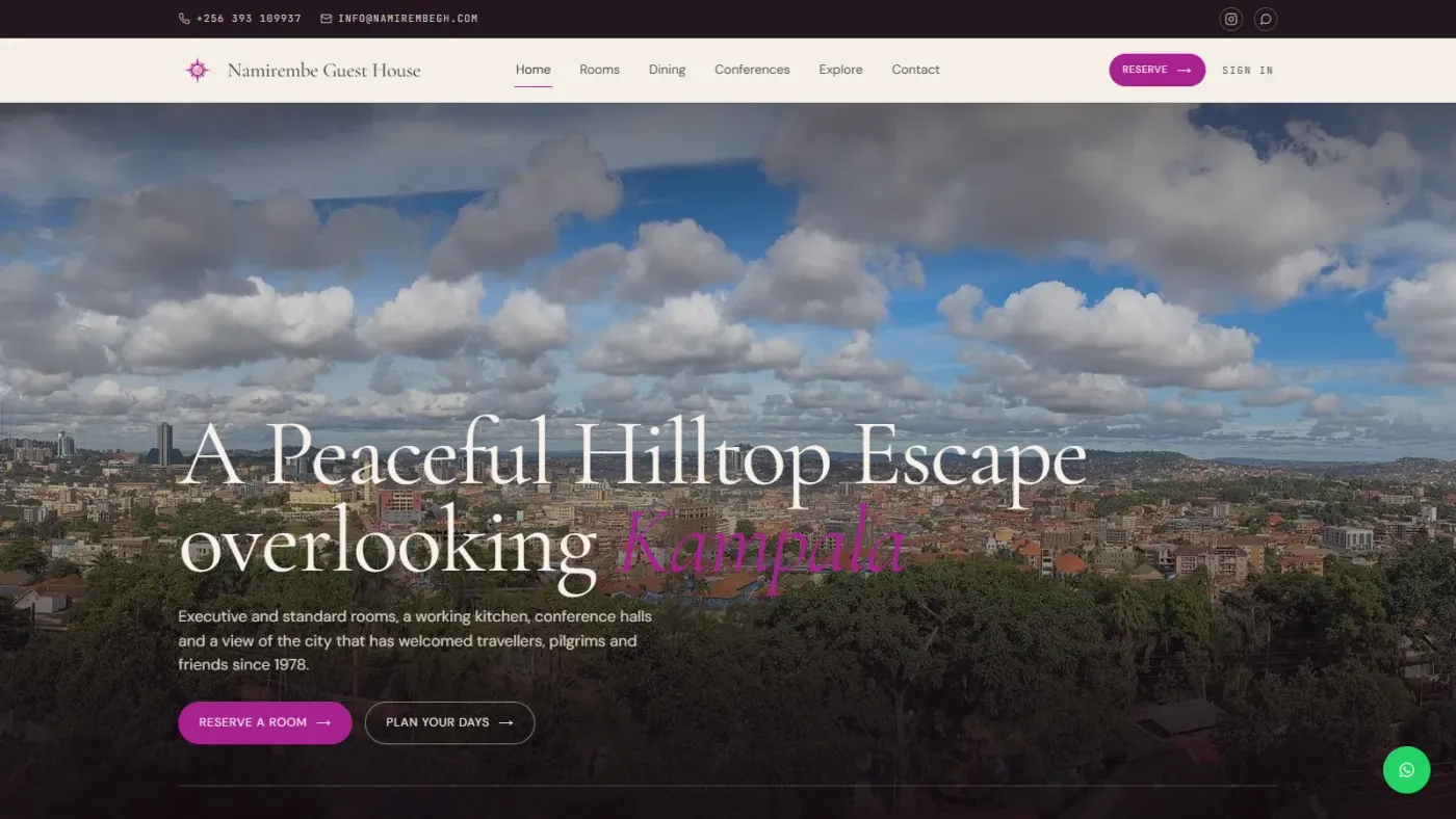 Namirembe Guest House home page with a view over Kampala