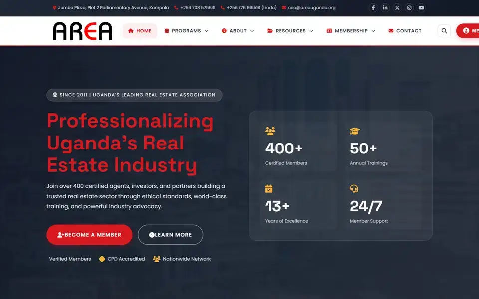 AREA Uganda website home page