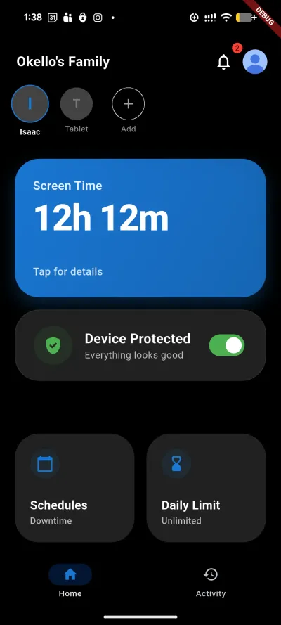 Enosecure parental control app screen