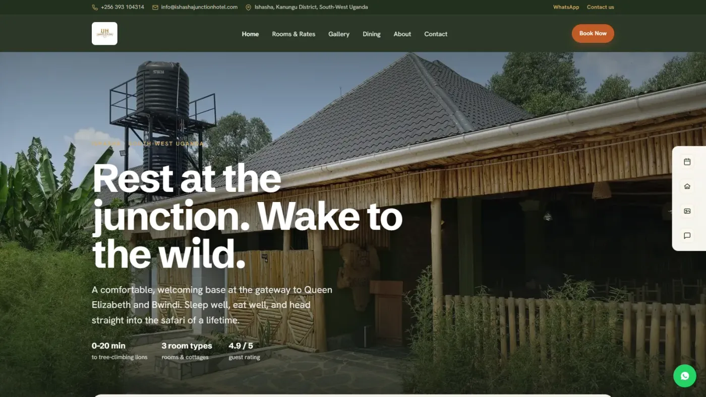 Ishasha Junction Hotel home page with the lodge exterior and booking button