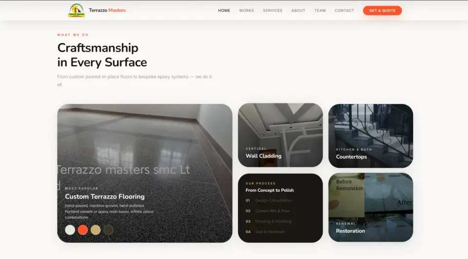 Terrazzo Masters services section with flooring photos