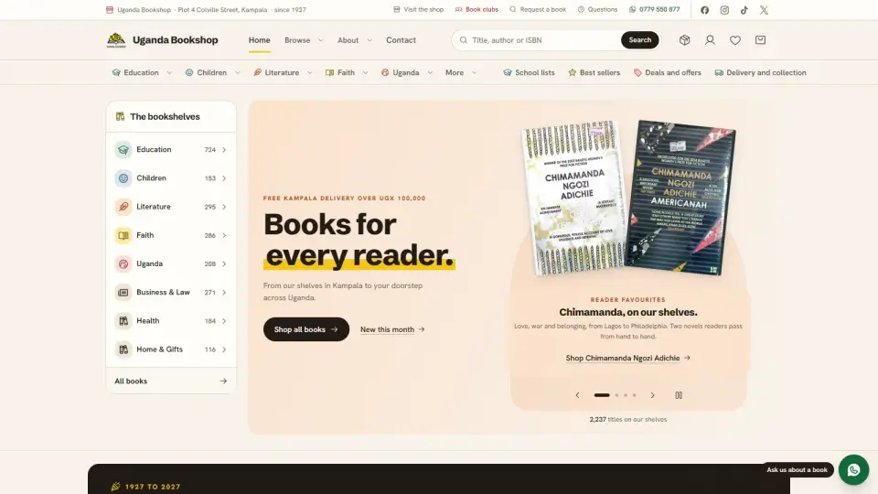 Uganda Bookshop home page with category shelves and featured books