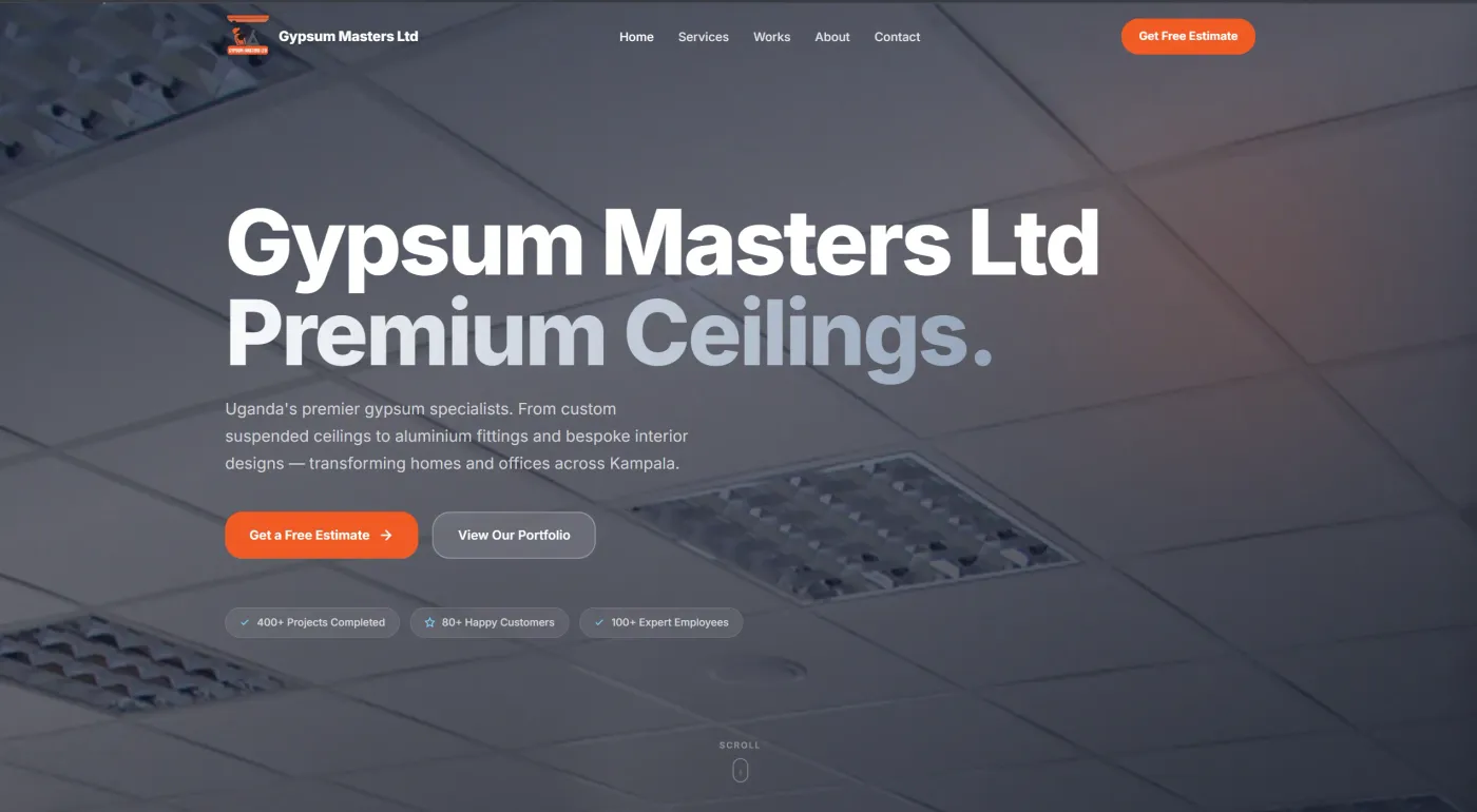 Gypsum Masters home page reading Premium Ceilings